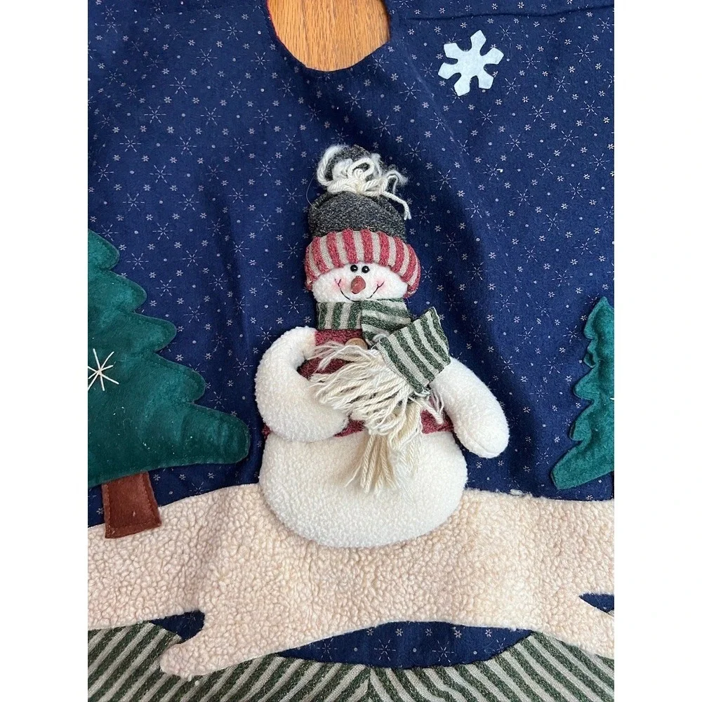 Rustic Snowman Navy Blue Snowflakes Green Stripes Christmas Holiday Tree‎ Skirt